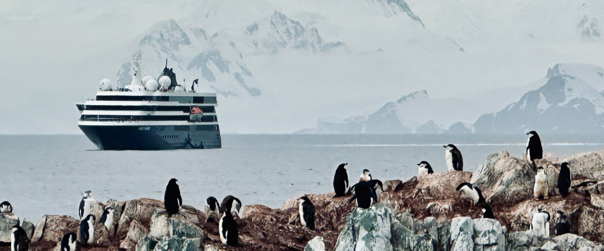 An expedition ship anchored off a rocky Antarctic shoreline, with chinstrap penguins in the foreground and snow-covered mountains behind.